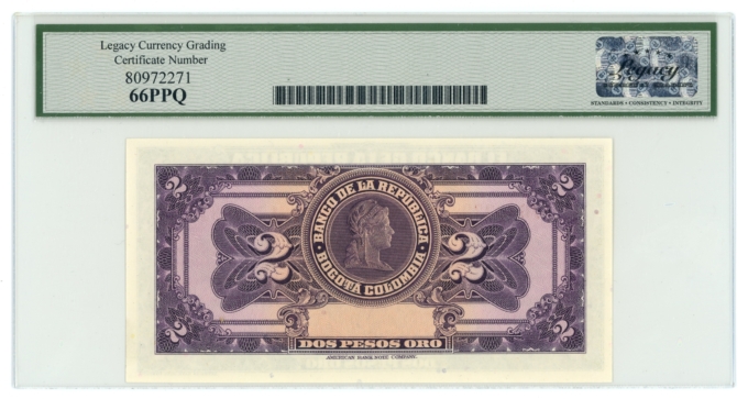 1955 Banco de la República Colombia 2 Pesos Legacy 66PPQ (L6273)