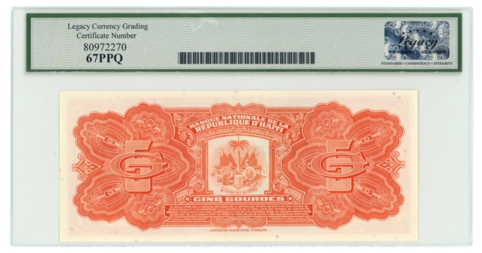 Banque Nationale de la Republique 5 Gourdes Haiti Legacy 67PPQ (L6271)