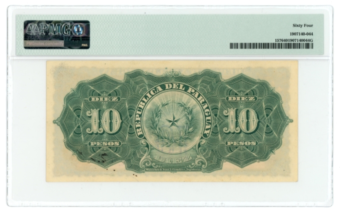 1907 Paraguay Banco de la Republica 10 Pesos PMG UNC 64 P-157 (65052)