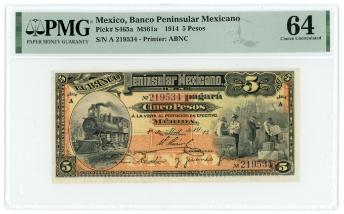 1914 Banco Peninsular Mexicano - Merida Mexico 5 Pesos PMG 64 S-465a (65053)