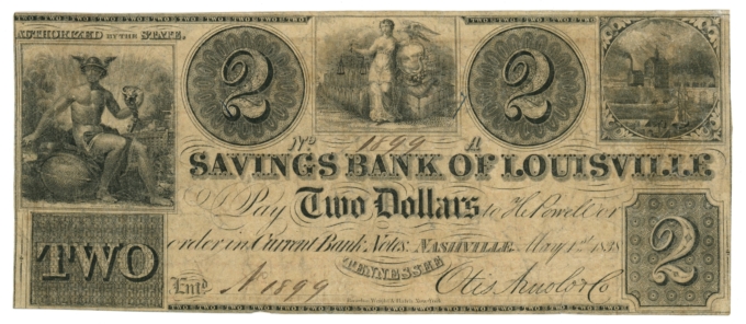 1838 Savings Bank of Louisville Nashville TN $2 Obsolete Note G973 R13 (65055)