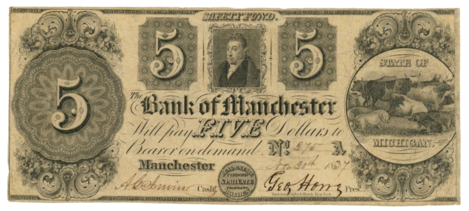 1837 Bank of Manchester Michigan MI $5 Obsolete Note No.275 (65057)