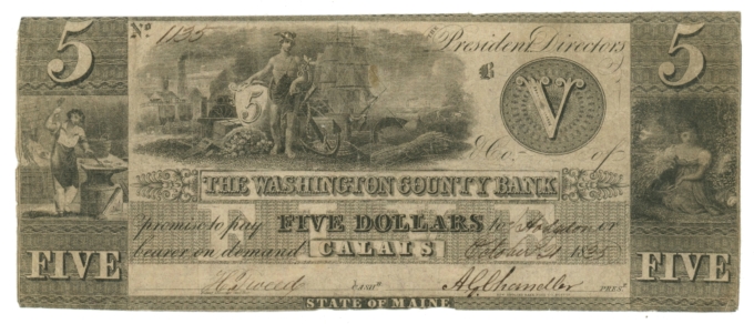 1835 Washington County Bank Calais Maine ME $5 Obsolete Note (65056)