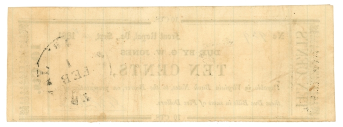 1861 GW Jones Front Royal Virginia VA 10c Obsolete Scrip (65059)