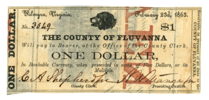 1863 County of Fluvanna Palmyra Virginia VA $1 Obsolete Scrip (65061)