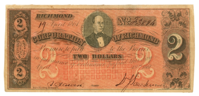 1861 Corporation of Richmond Virginia VA $2 Obsolete Note (65060)
