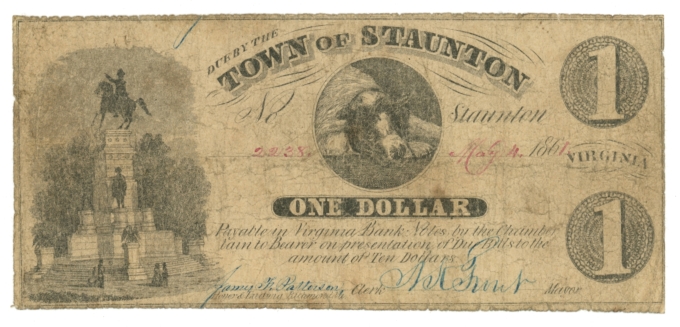 1861 Town of Staunton Virginia VA $1 Obsolete Note No.2238 (65063)
