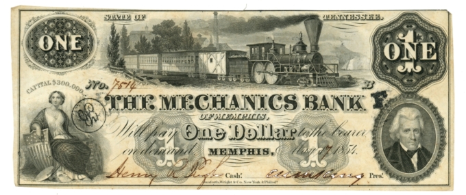 1854 Mechanics Bank of Memphis Tennessee TN $1 Obsolete Note (65061)