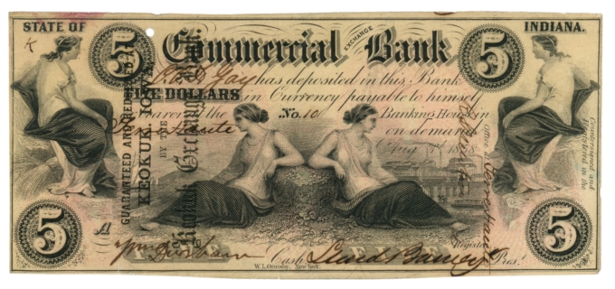 1858 Commercial Exchange Bank Terre Haute Indiana IN $5 Obsolete Note (65064)