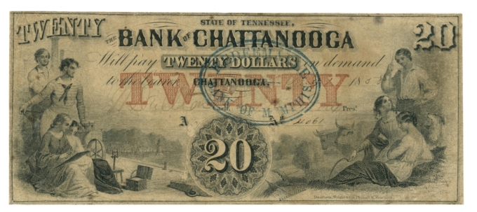 1858 Bank of Chattanooga Memphis Tennessee TN $20 Obsolete Note (65066)