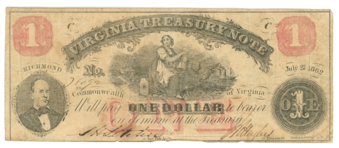1862 Virginia Treasury Note Richmond VA $1 Obsolete Note - Civil War Era (65070)