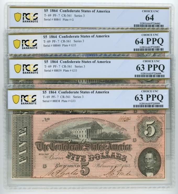 T-69 1864 Confederate States of America CSA $5 Notes 4 PCGS UNC Notes in Seq.