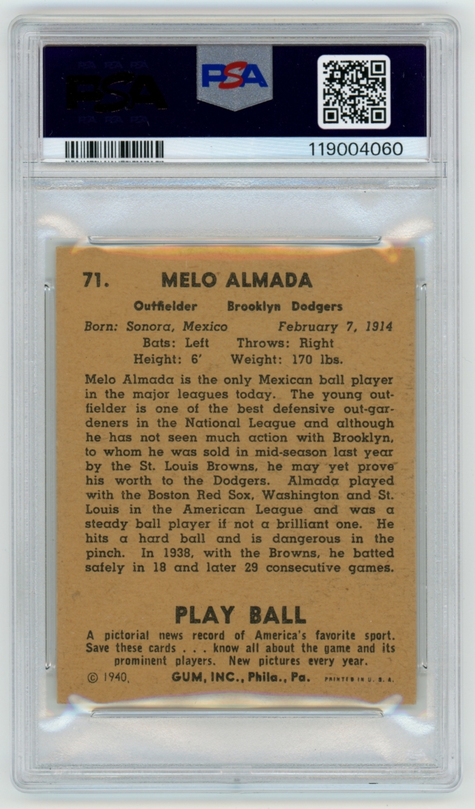 1940 Play Ball #71 Mel Almada Brooklyn Dodgers Card PSA 3.5 VG+ (65099)