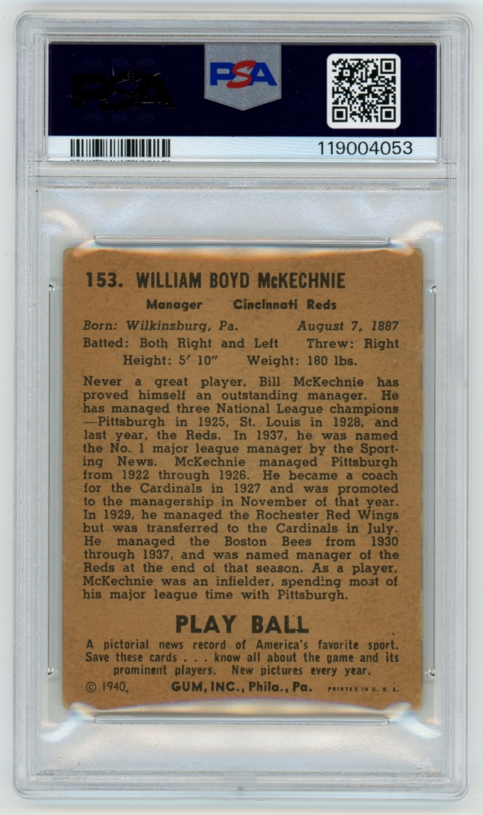 1940 Play Ball #153 Bill McKechnie Cincinnati Reds Card PSA 2.5 G+ (65100)