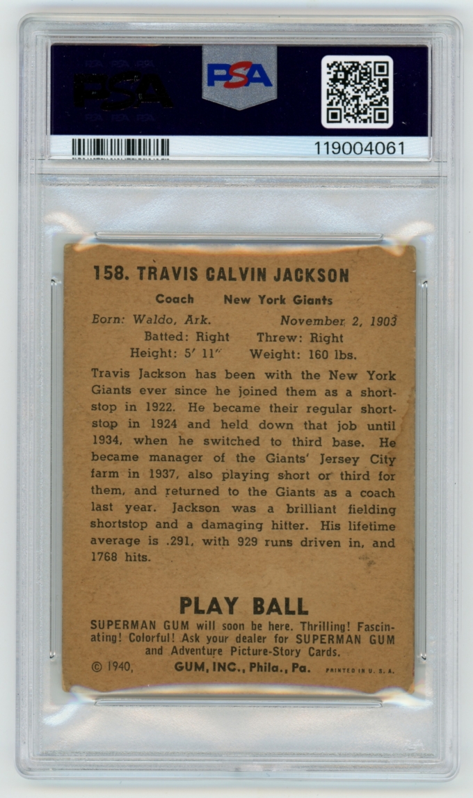 1940 Play Ball #158 Stonewall Jackson New York Giants Card PSA 2.5 G+ (65101)