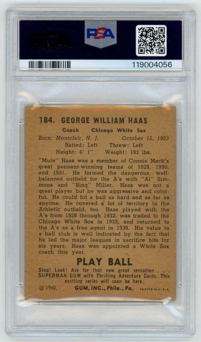 1940 Play Ball #184 Mule Haas Chicago White Sox Card PSA 3.5 VG+ (65102)