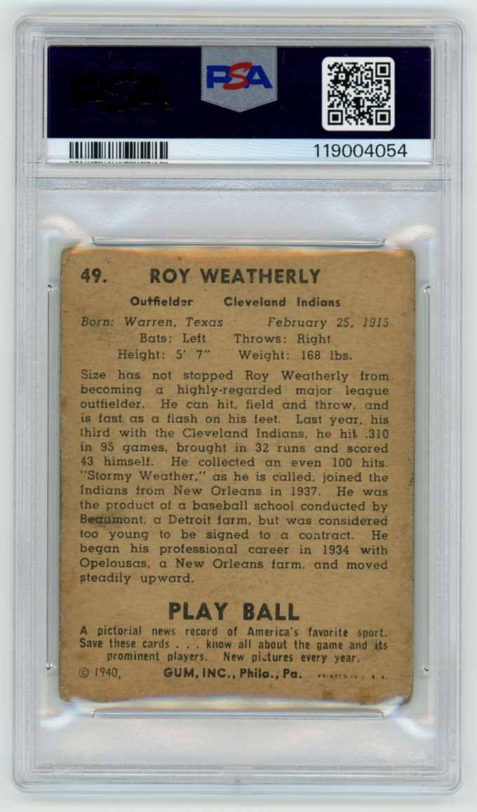 1940 Play Ball #49 Stormy Weatherly Cleveland Indians Card PSA 2 GD (65103)