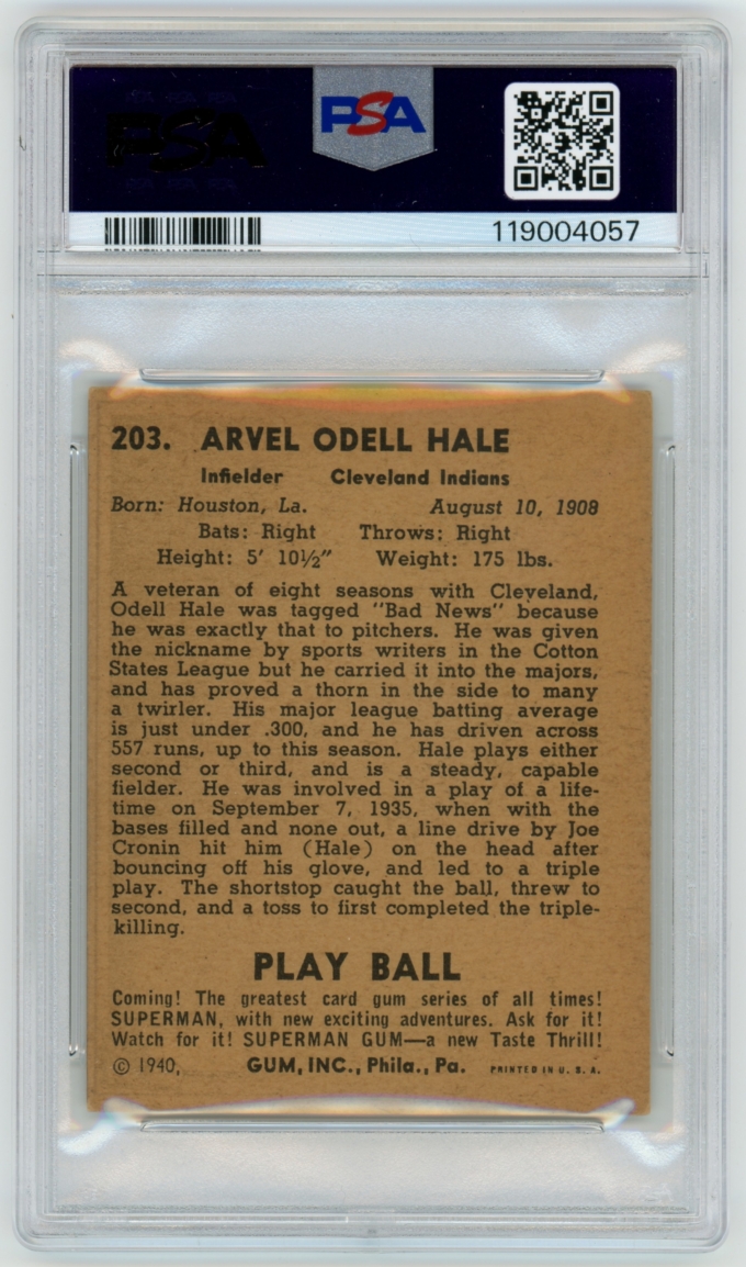 1940 Play Ball #203 Bad News Hale Cleveland Indians Card PSA 4 (MC) VG-EX 65104