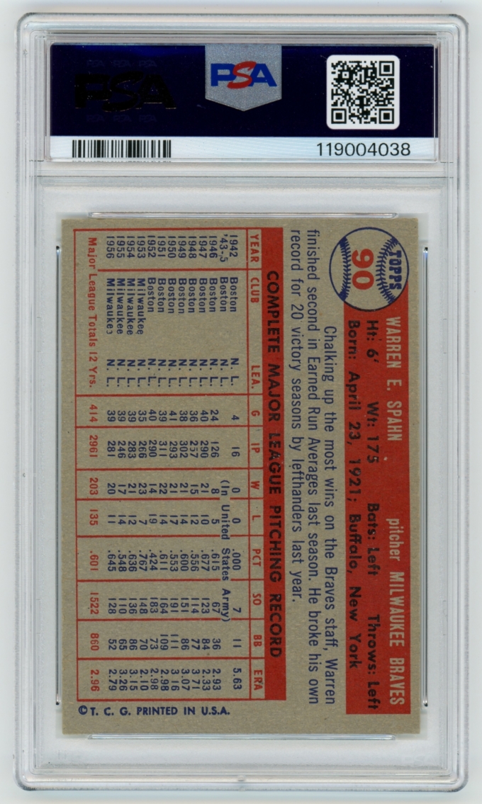 1957 Topps #90 Warren Spahn Milwaukee Braves HOF PSA 6 EX-MT (65113)
