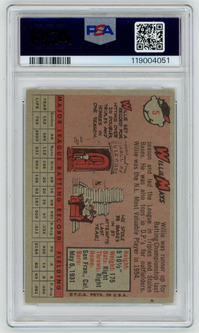 1958 Topps #5 Willie Mays San Francisco Giants HOF PSA 4 VG-EX (65112)
