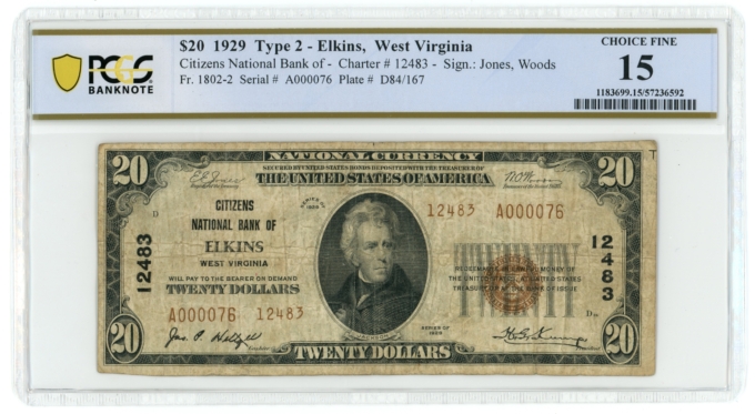 1929 Type 2 Citizens National Bank of Elkins WV $20 National Bank Note Ch#12483