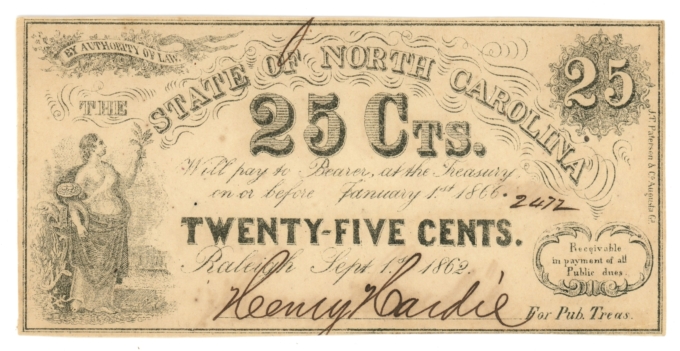 1862 State of North Carolina Raleigh NC 25c Obsolete CR-109 R7 (65125)