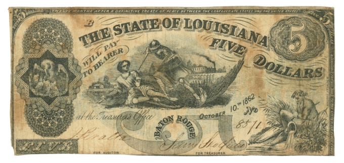 1862 State of Louisiana Baton Rouge LA $5 Obsolete Note CR-10 (65126)