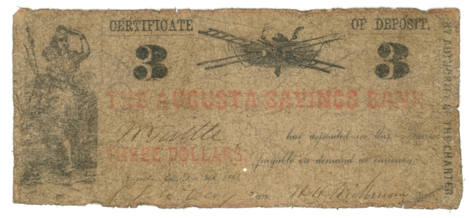 1861 Augusta Savings Bank Georgia GA $3 Obsolete - Civil War Era (65128)