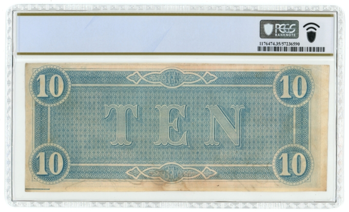 T-68 1864 Confederate States of America CSA $10 Note PCGS 35 BROKEN F PLEN ERROR