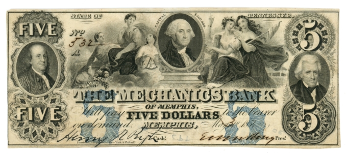 1854 Mechanics Bank of Memphis Tennessee TN $5 Obsolete Note H-UNL (65137)