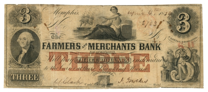 1852 Farmers & Merchants Bank of Memphis Tennessee TN $3 Obsolete Note (65138)