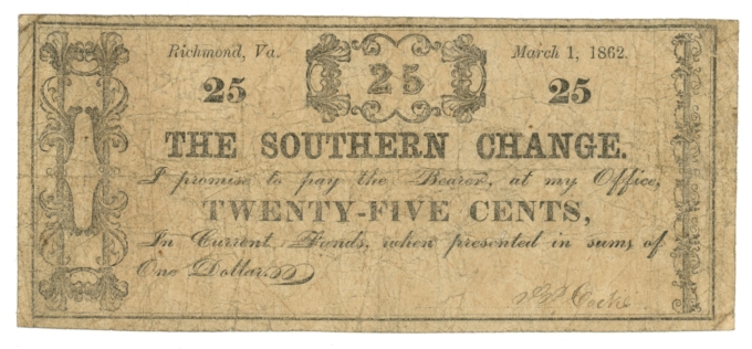 1862 The Southern Change (SP Cocke) Richmond VA 25c Obsolete Scrip (65141)