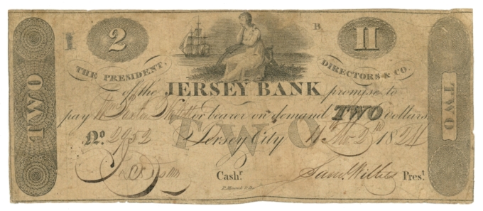 1824 Jersey Bank Jersey City New Jersey NJ $2 Obsolete Note (65144)