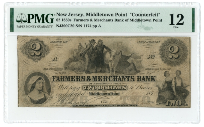 1858 Farmers & Merchants Bank of Middletown Point NJ $2 Obsolete PMG 12 (65157)