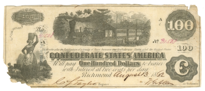 T-39 1862 Confederate States of America $100 Note - Train Vignette (65156)