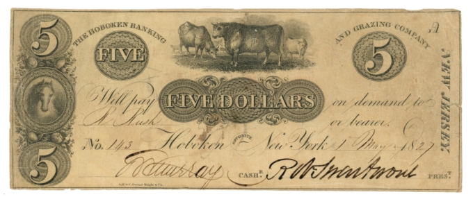 1827 Hoboken Banking & Grazing Company New Jersey NJ $5 Obsolete (65160)