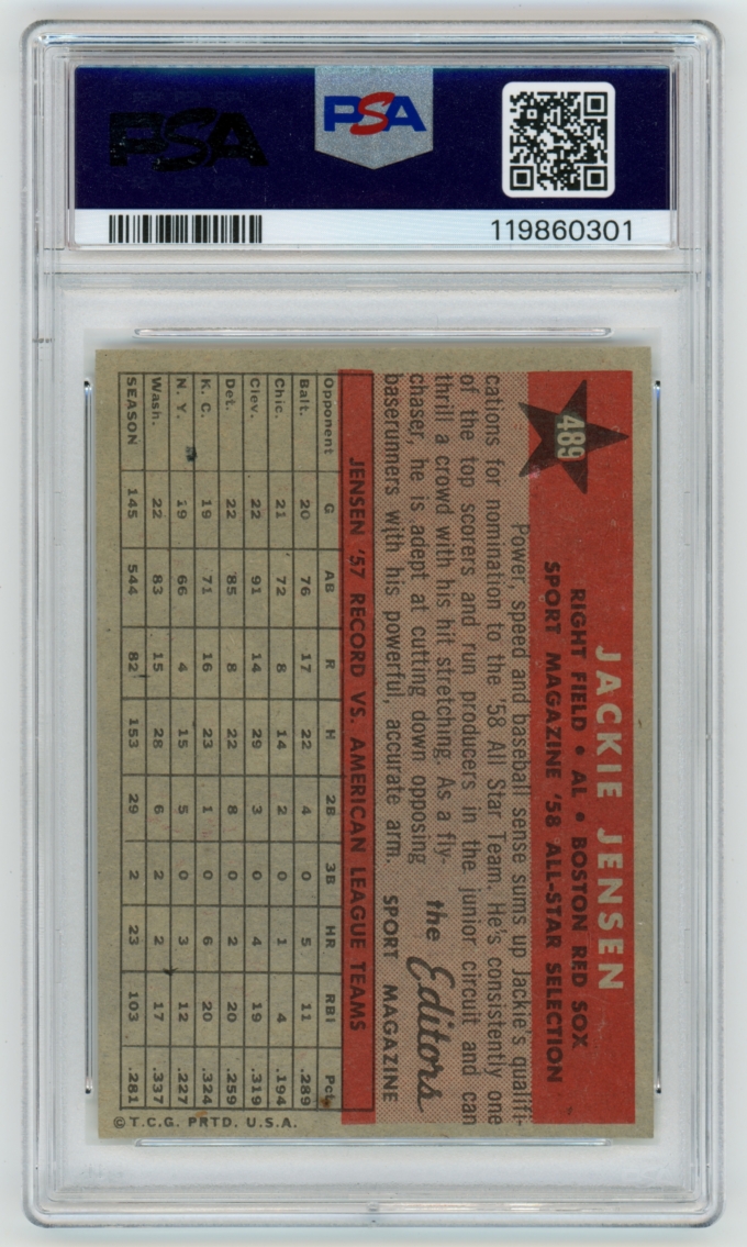 1958 Topps #489 Jackie Jensen AS Boston Red Sox PSA 8.5 NM-MT+ POP 3+12 (65133)