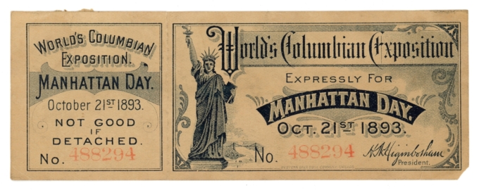 1893 World Columbian Expo Chicago IL Manhattan Day Ticket w/ Stub (65229)