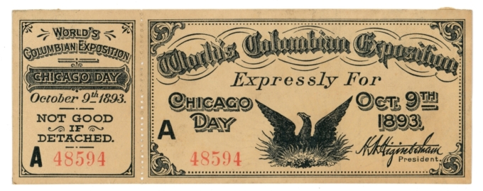 1893 World's Columbian Exposition Chicago IL Chicago Day Ticket w/ Stub (65230)