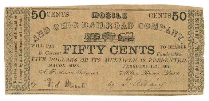 1862 Mobile & Ohio Railroad Company Macon MS 50c Scrip - Civil War Era (65232)