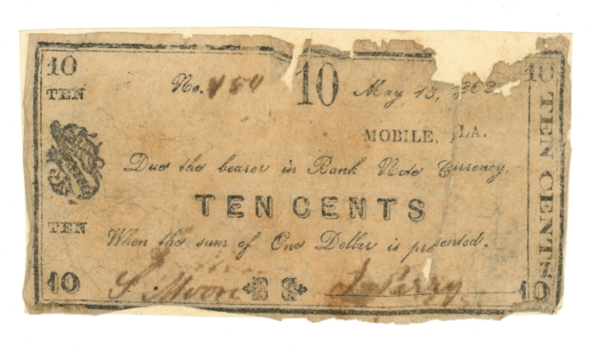 1862 Moore & Perry Mobile Alabama AL 10c Obsolete Scrip R205-1 R7 (65235)