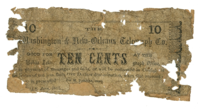 1862 Washington & New Orleans Telegraph Co Mobile AL 10c Scrip R216-1 (65233)