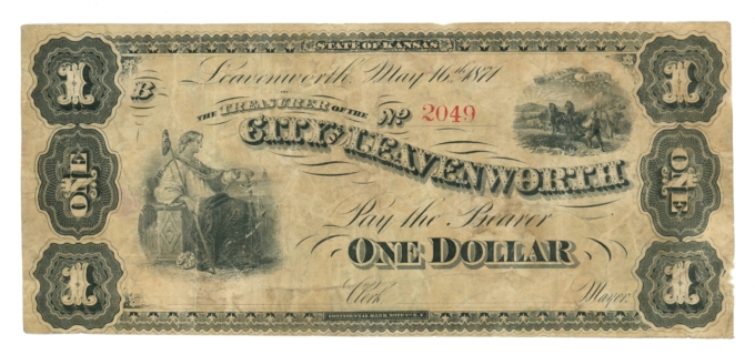 1871 City of Leavenworth Kansas KS $1 Obsolete Note - Whitfield 274 (65236)