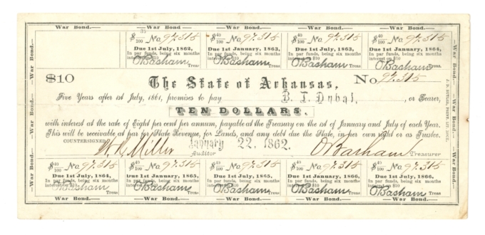 1862 State of Arkansas $10 War Bond CR-61E 8% Coupon Bond (65238OZ)