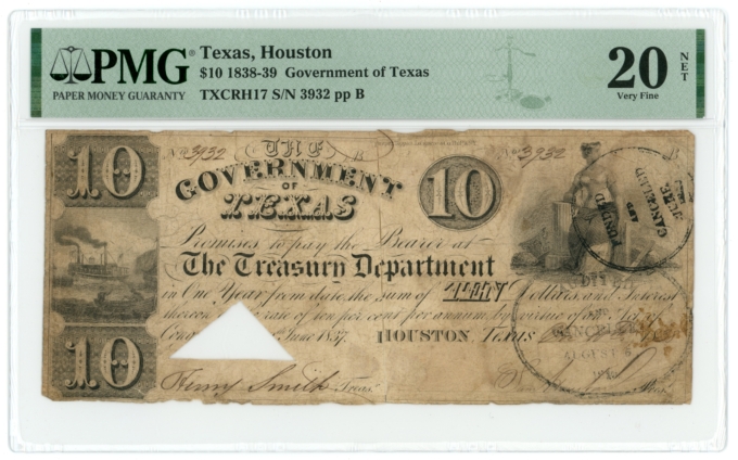 1838 Government of Texas Houston TX $10 Obsolete CR-H17 PMG 20 NET (65318)