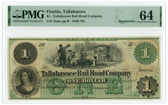 18XX Tallahassee Railroad Company Florida FL $1 Obsolete Note PMG 64 (65319)