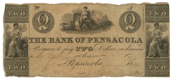 1840 Bank of Pensacola Florida FL $2 Obsolete Note - Benice 10 Rarity 6 (L6282)