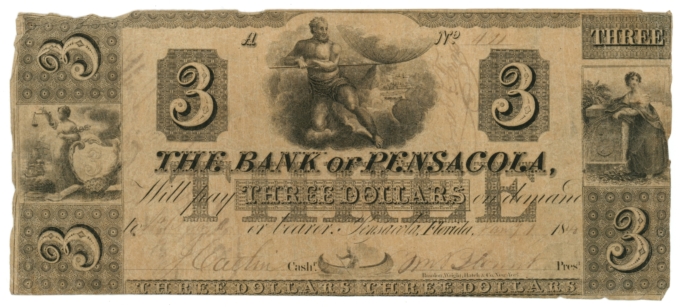 1840 Bank of Pensacola Florida FL $3 Obsolete Note - Benice 3 (L6283)