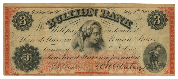1862 Bullion Bank Washington DC $3 (L6285)