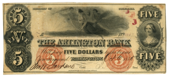 1855 Arlington Bank Washington DC $5 (L6288)